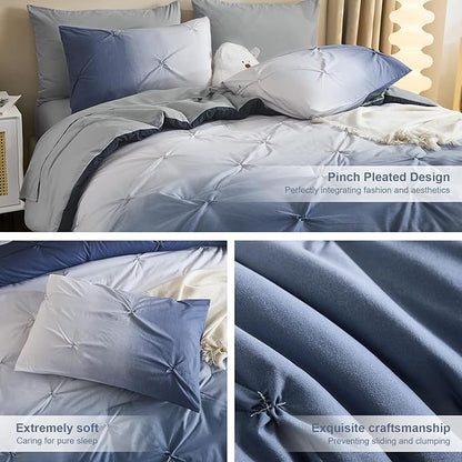 Dinjoy Ombre Comforter Set Full Size, 7-Piece Bed in a Bag for Kid Teen, Pintuck Colorful Rainbow Bedding Sets with Comforter, Flat Sheet, Fitted Sheet and Pillowcases & Shams, Blue