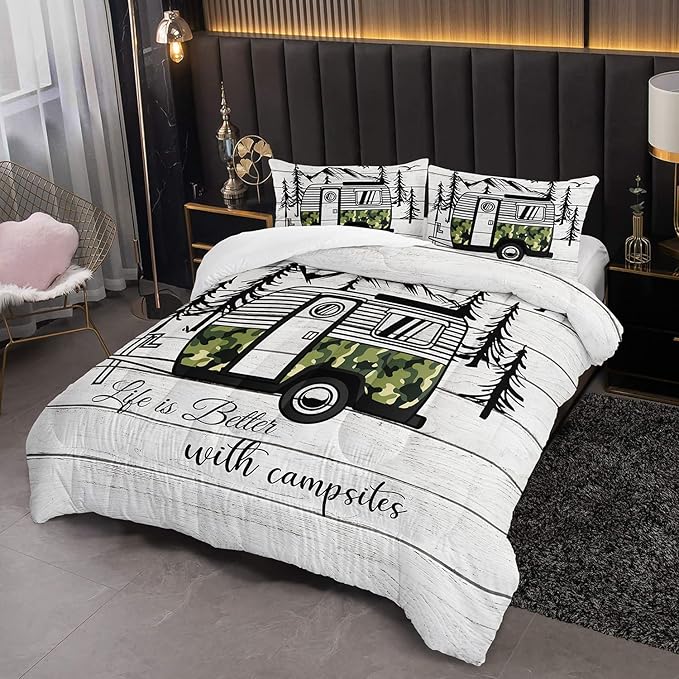 HOSIMA Happy Camping Decor Comforter Set,Camouflage Camper Bedding Queen Size for Kids Teen Girls Boys Room Decor,Camper Accessories for Travel Trailers Themed Bedding with 2 Pillowcases.