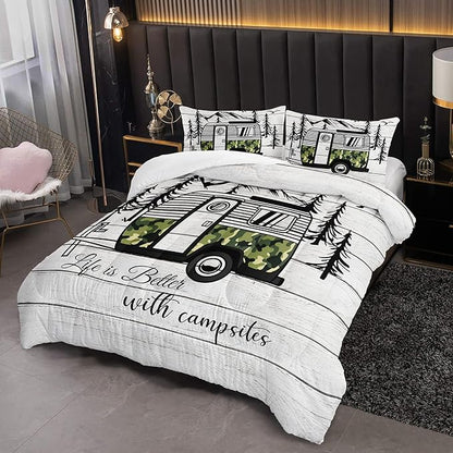 HOSIMA Happy Camping Decor Comforter Set,Camouflage Camper Bedding Queen Size for Kids Teen Girls Boys Room Decor,Camper Accessories for Travel Trailers Themed Bedding with 2 Pillowcases.