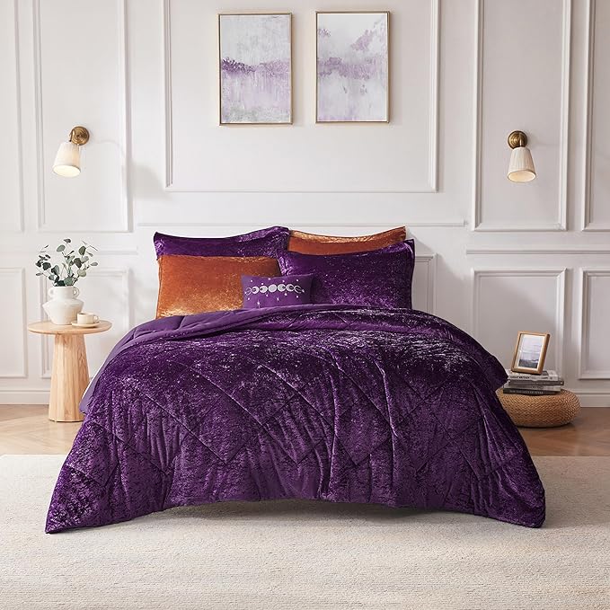 Intelligent Design Twin Comforter Set, Velvet Comforter Set , Luxury Diamond Quilting Comforter Set, Fluffy Comforter Bed Set with Decorative Pillowand 1 Sham, 3 Piece Purple, Twin/Twin XL