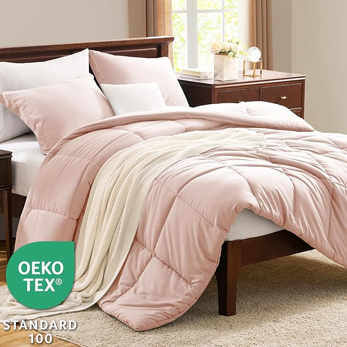 CozyLux Queen Size Comforter Set - Blush Pink Comforter Queen Size, 3 Pieces Box Stitched Bed Set for All Seasons, Soft Lightweight Bedding Sets with 1 Down Alternative Comforter and 2 Pillow Shams