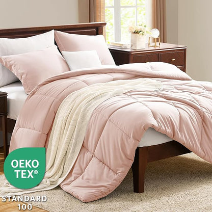CozyLux Queen Size Comforter Set - Blush Pink Comforter Queen Size, 3 Pieces Box Stitched Bed Set for All Seasons, Soft Lightweight Bedding Sets with 1 Down Alternative Comforter and 2 Pillow Shams