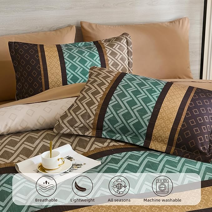 Cottolester Queen Comforter Set 7 Pieces Brown and Green Boho Striped Bed in a Bag,Soft Microfiber Complete Bedding Sets