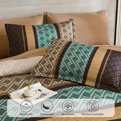 Cottolester Queen Comforter Set 7 Pieces Brown and Green Boho Striped Bed in a Bag,Soft Microfiber Complete Bedding Sets