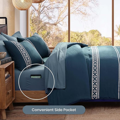 MaiRêve Embroidery Queen Size Comforter Set Navy Blue, Boho Farmhouse Western Bedding Set 7 Pieces, All Season Bed in A Bag Comforter Set with Sheets, Pillowcases & Shams