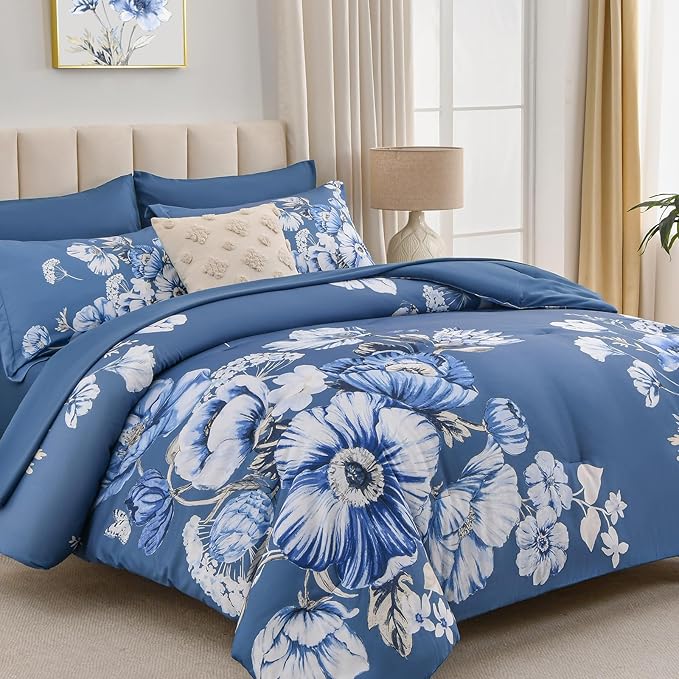 King Size Comforter Set - 7 Pieces Floral Comforter and Sheet Set, Blue King Size Bed in a Bag, Soft Microfiber Flower Complete Bedding Set for All Seasons（Blue,104"x90"）