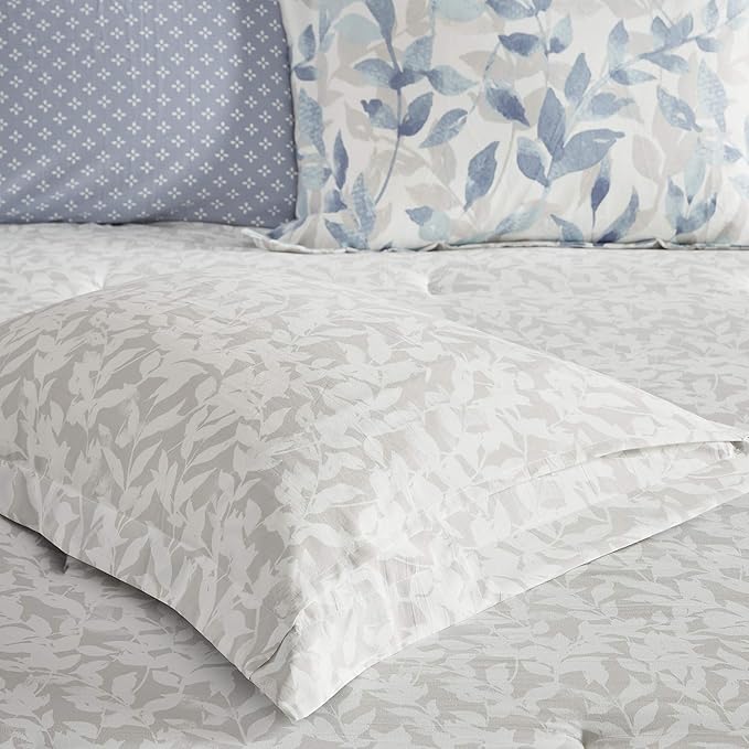 Madison Park Essentials Cozy Bed in a Bag Reversible Comforter with Complete Sheet Set - Modern Botanical Print All Season Cover, Shams, Decorative Pillow, Queen(90"x90"), Blue 8 Piece