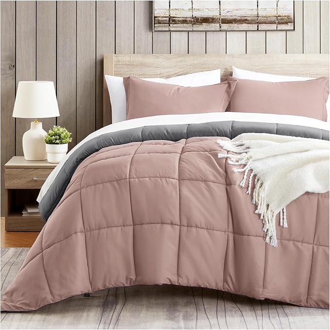 satisomnia King Size Comforter Set, Pink Bedding Comforters King Size, 3 Pieces Down Alternative Bed Comforter Lightweight, Soft Quilted Bed Set Breathable, Reversible All Season Bedding Sets