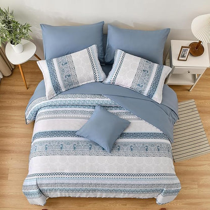 Cottolester Boho Comforter Set King Size Light Blue Comforter Set 8 Piece Bed in a Bag Striped Paisley Bedding Sets
