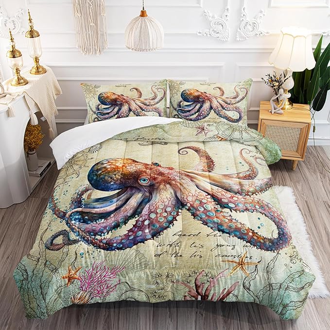 Retro Octopus Comforter Set Twin Size 3Pcs Nautical Coastal Compass Bedding Set Starfish Jellyfish Seaweed Quilt Bed Set for Boys Girls with 1 Comforter and 2 Pillowcases