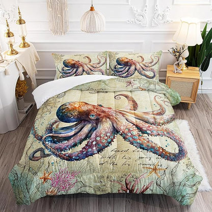 Retro Octopus Comforter Set Twin Size 3Pcs Nautical Coastal Compass Bedding Set Starfish Jellyfish Seaweed Quilt Bed Set for Boys Girls with 1 Comforter and 2 Pillowcases