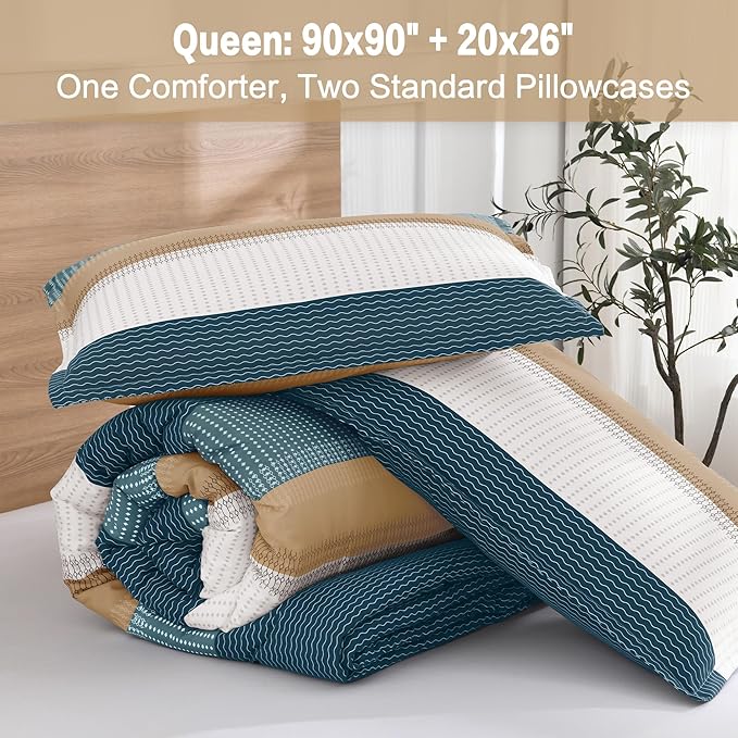 Litanika Comforter Set Queen Size Green Yellow - 3 Pieces Lightweight Colorblock Stripe Fluffy Bedding Comforter Sets, All Season Bed Set
