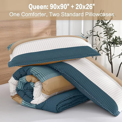 Litanika Comforter Set Queen Size Green Yellow - 3 Pieces Lightweight Colorblock Stripe Fluffy Bedding Comforter Sets, All Season Bed Set