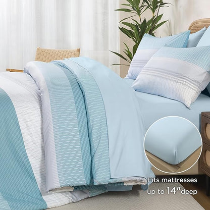 Andency Full Size Comforter Set Light Blue - 7 Pieces Striped Lightweight Bed in a Bag, Soft Microfiber Reversible Bedding Set with Comforter, Fitted & Flat Sheet, Pillowcases & Shams