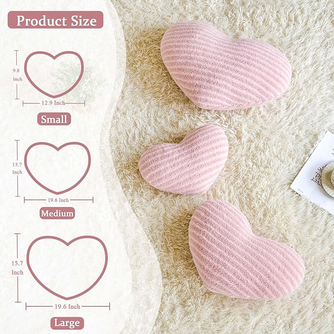 Dusty Pink Heart Pillows, 12.9" Cute Heart Decorative Pillow, Stripe Heart Shaped Plush Throw Pillows for Bed