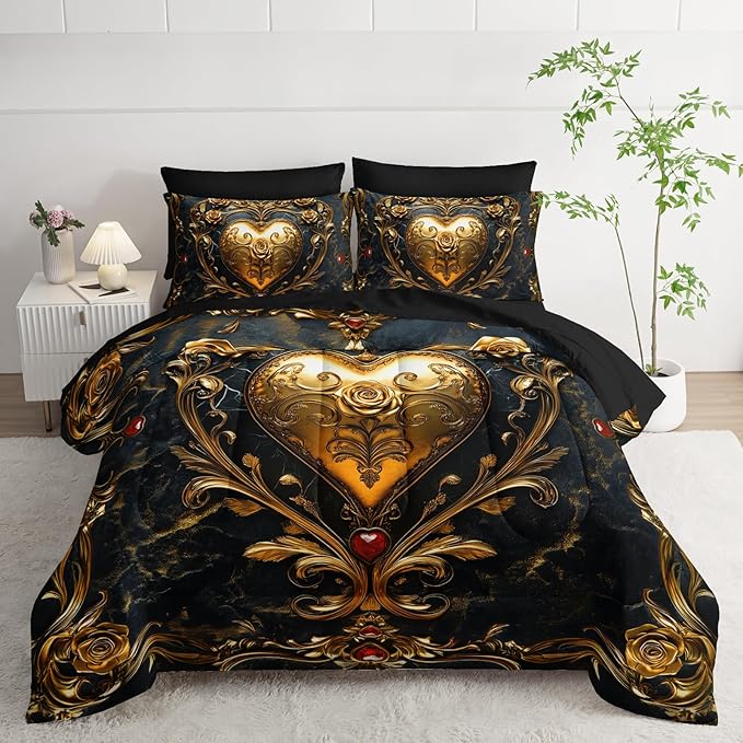 Black and Gold Heart Comforter Set Queen Size Bed 7 Piece，Heart Bedding Set Queen Black，Heart Themed Bedroom Decor，(1 Comforter, 1 Flat Sheet, 1 Fitted Sheet, 2 Pillowcase and 2 Pillow Sham)