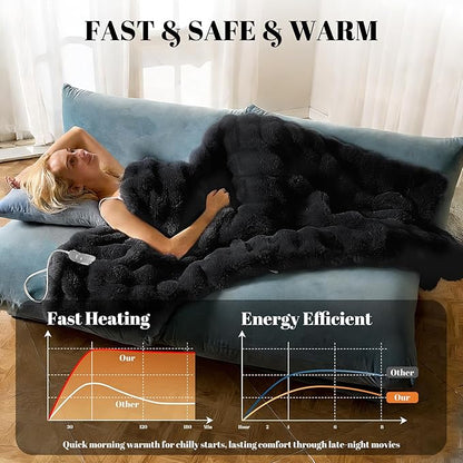 IUUI Electric Heated Blanket Throw 50''x60'',Luxury Faux Rabbit Fur Heating Throw Blankets,Fast Heating with 1/2/4/6/8/10 Hours,Overheat Protection, Quick Heating, Memory Function, Gift-Ready Design