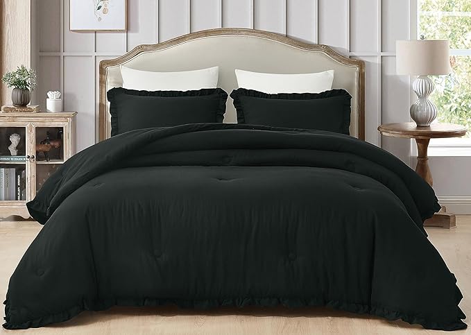 Chezmoi Collection Nora Black Comforter Set Twin Size 2-Piece Lightweight Soft Stone-Washed Ruffled Shabby Chic Bedding for All Season