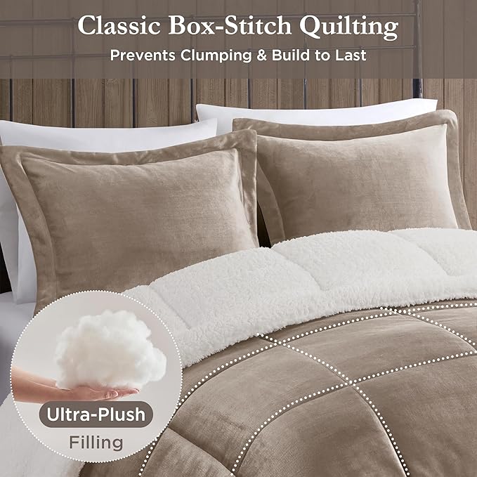 Woolrich Reversible Comforter Set Ultra Soft Plush to Sherpa, Down Alternative, Cold Weather Winter Warm Bedding, with Matching Sham, Decorative Pillow Taupe/Ivory Full/Queen 4 Piece