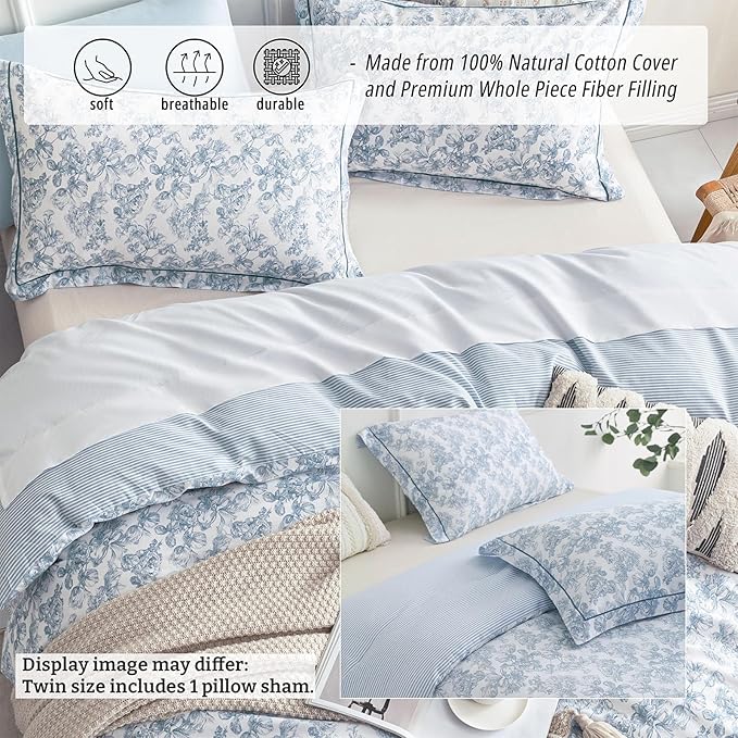 Vintage Cotton Comforter Twin Size 2Pcs - Elegant Pale Slate Blue Floral Pattern on White with Light Blue & White Striped Reverse, Luxurious Lightweight Bedding Sets with Soft Fill(68"×90")