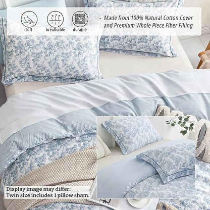 Vintage Cotton Comforter Twin Size 2Pcs - Elegant Pale Slate Blue Floral Pattern on White with Light Blue & White Striped Reverse, Luxurious Lightweight Bedding Sets with Soft Fill(68"×90")