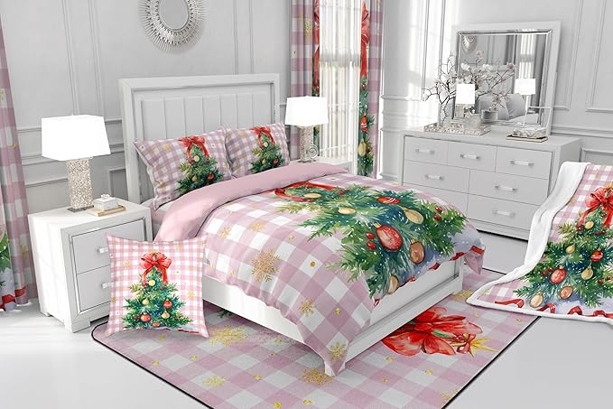 Watercolor Christmas Tree Comforter Set Full Size,Pink Grid Patchwork Bedding Set 3Pcs for Kids Girls Boys Women Room Decor,Gold Snowflake Quilt Set Winter New Year Duvet Insert,2 Pillowcases