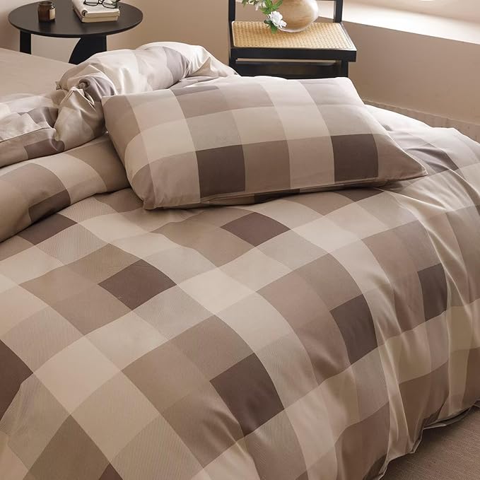 Houseri Coffee Color Plaid Comforter Set King Vintage Grid Bedding Sets