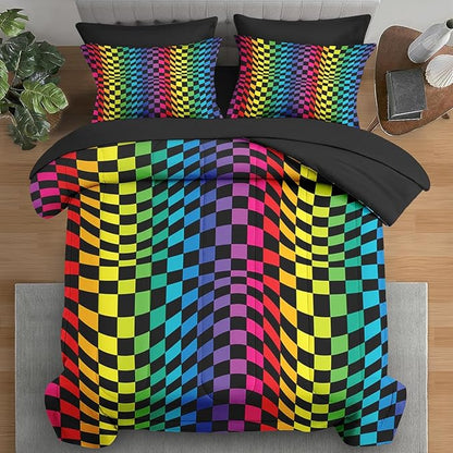Comforter Set Queen Size, Rainbow Geometric Colorful 7 Pcs Bedding for Kids and Adults, Dot Pride Wavy Bed Sheet Sets with Fitted Sheet 2 Pillowcases & 2 Shams for Bedroom Bed Decor