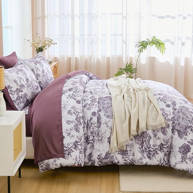 DJY Purple Comforter Set King, 7 Pieces Dark Purple Botanical Comforters King Size Elegant Plants Print with Sheets Bed in a Bag Soft Microfiber Reversible Complete Bedding Sets for All Season
