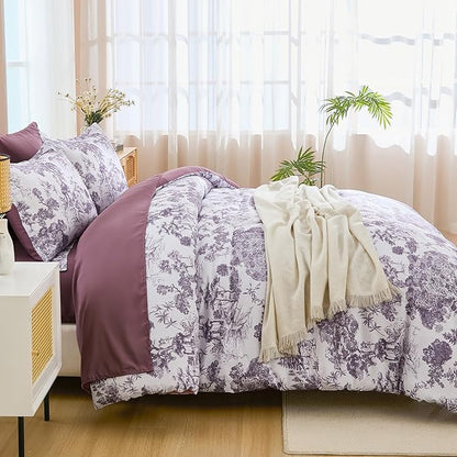DJY Purple Comforter Set King, 7 Pieces Dark Purple Botanical Comforters King Size Elegant Plants Print with Sheets Bed in a Bag Soft Microfiber Reversible Complete Bedding Sets for All Season