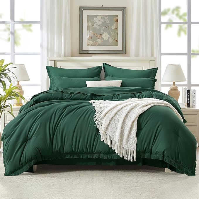Andency Full Size Comforter Set with Sheets Dark Emerald Green -7 Pieces Bed in a Bag Boho Tassel Bedding Sets, All Season Fringe Bed Set with Comforter, Sheets, Pillowcases & Shams