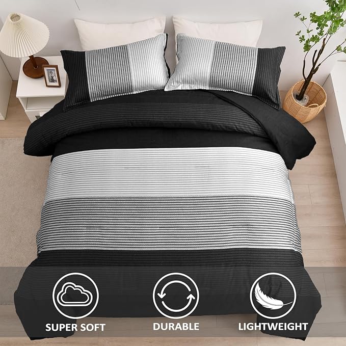 WONGS BEDDING Black Comforter Set Full, Reversible Black Grey Stripe Down Alternative Comforter for All Season,3 Pieces(1 Patchwork Comforter+2 Pillowcases), Soft Microfiber Bedding Set 78”×90”