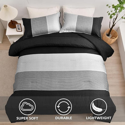 WONGS BEDDING Black Comforter Set Full, Reversible Black Grey Stripe Down Alternative Comforter for All Season,3 Pieces(1 Patchwork Comforter+2 Pillowcases), Soft Microfiber Bedding Set 78”×90”