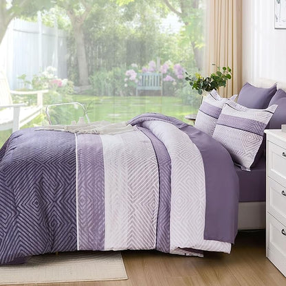 Drucon Purple Comforter Set King Size 7 Piece Bed in a Bag, Boho Striped Bedding Set, Soft Microfiber Comforter and Sheet Set for All Season (King, 104"x90")