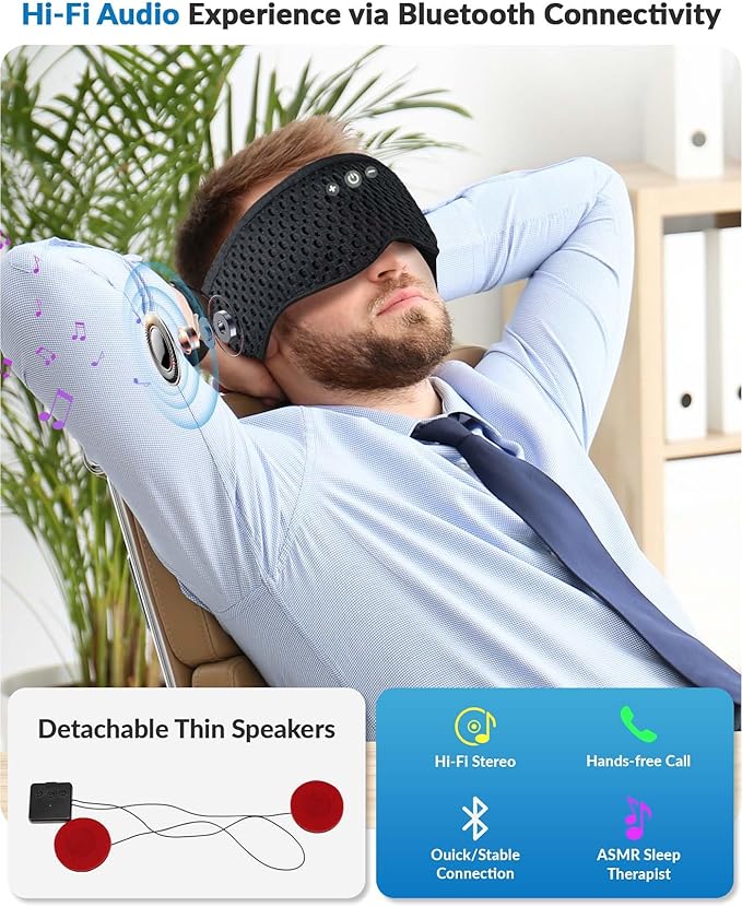 Bluetooth Sleep Mask with Removable 3D Contoured, 100% Blackout Eye Mask for Sleeping, Sleeping Headphones with Ultra-Thin Stereo Speakers for Side Sleepers, Perfect Tech Gifts for Men/Women