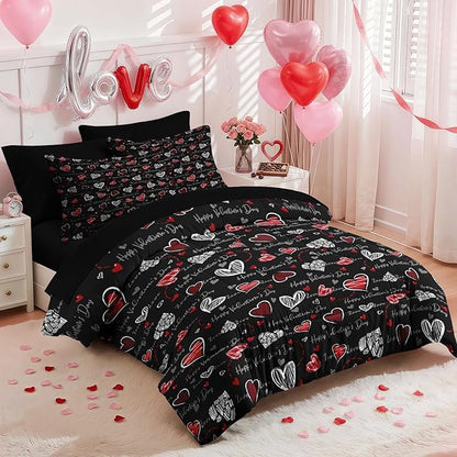 Nesker 7 Pcs Valentine's Day Comforter Set Queen Size, Romantic Heart Love Bedding Set for Kids and Adults, Sweet Kawaii Cartoon Sheets Bed Sheet Sets with Fitted Sheet 2 Pillowcases & 2 Shams