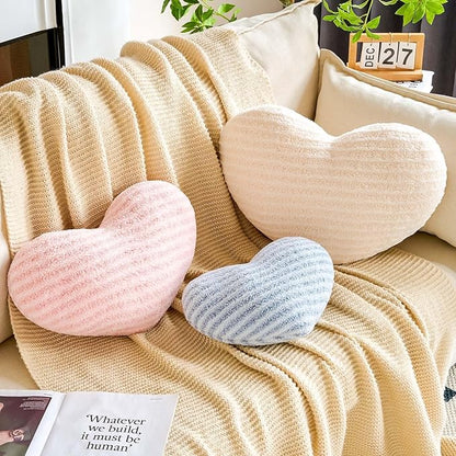 Pink Heart Pillows, 12.9" Cute Heart Decorative Pillow, Stripe Heart Shaped Plush Throw Pillows for Bed