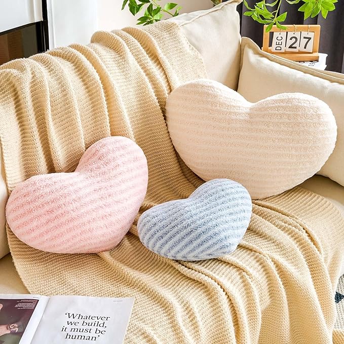 Dusty Blue Heart Pillows,12.9" Cute Heart Decorative Pillow, Stripe Heart Shaped Plush Throw Pillows for Bed