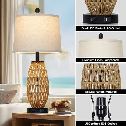 27" Rattan Table Lamps Set of 2, Boho Bedside Lamp for Bedroom with Night Light, Coastal Woven Wicker Nightstand Lamps with USB A+C Charging Port, Tall Farmhouse Living Room Lamp