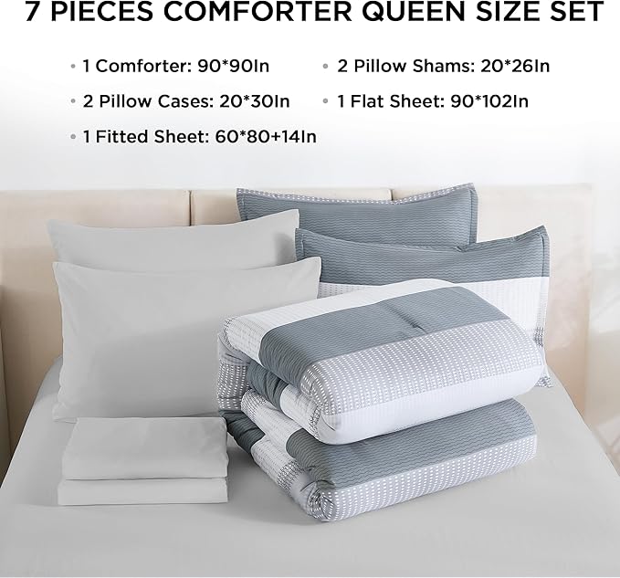 Andency Queen Size Comforter Set 7 Pieces - Light Grey Striped Lightweight Bed in a Bag, Soft Microfiber Farmhouse All Season Bedding Set with Comforter, Fitted & Flat Sheet, Pillowcases & Shams