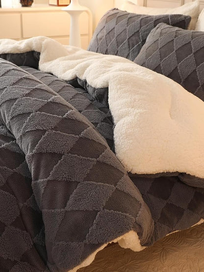 Tufted Fleece Comforter Set King - Super Soft Warm Fluffy Shaggy Bedding Sets, Diamond Plaid Jacquard Bed Set for Winter, 1 Sherpa Comforter with 2 Pillow Cases (104"X90" Grey)