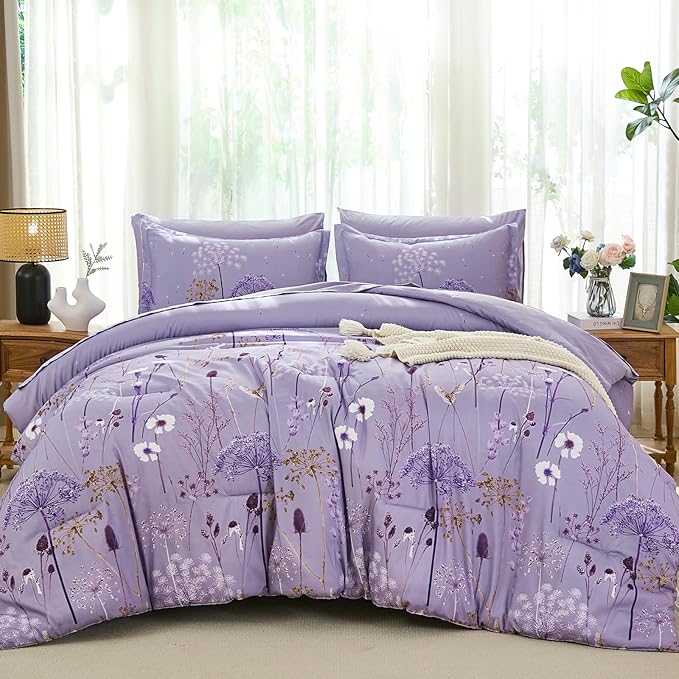 Yiran Queen Comforter Set, 7 Piece Floral Purple Bedding Set, Dandelion Botanical Bed in a Bag Queen, Soft Microfiber Complete Bedding Set with Comforter, Sheets, Pillowcases & Shams