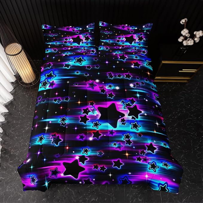 Colorful Sky Meteor Stars Comforter Set Queen Size,Beautiful Galaxy Bedding Sets 3-Pieces for Boys Girls Teen Room Decorat, Soft Lightweight Bed Set with Comforter 2 Pillowcases