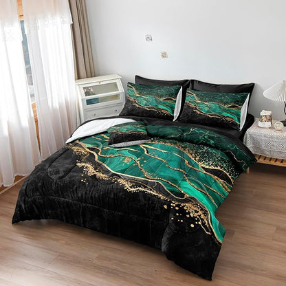 Black Gold Comforter 8 Pieces Queen Bed in a Bag, Emerald Green Marble Bed Set with Comforter, Fitted Sheet, Flat Sheet, Matching Pillowcases, Abstract Bedding Set for All Season