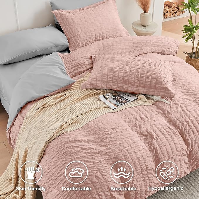 HYMOKEGE Rose Gold/Light Grey California King Comforter Set Seersucker 7 Pieces, All Season Luxury Bed in a Bag for Bedroom, Bedding Set with Comforter, Sheets, Pillowcases & Shams