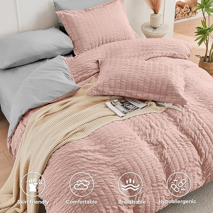 HYMOKEGE Rose Gold/Light Grey Full Size Comforter Sets Seersucker 7 Pieces, All Season Luxury Bed in a Bag for Bedroom, Bedding Set with Comforter, Sheets, Pillowcases & Shams