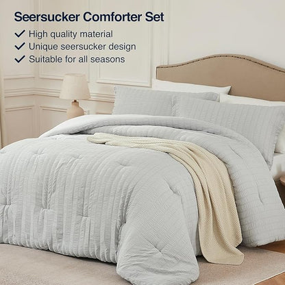 Light Grey Oversized Queen Comforter Set - 3 Pieces Seersucker Lightweight Bedding Comforter Sets (1 Soft Fluffy Comforter & 2 Pillowcases) - All Seasons Cozy Modern Bed Sets for Women Men