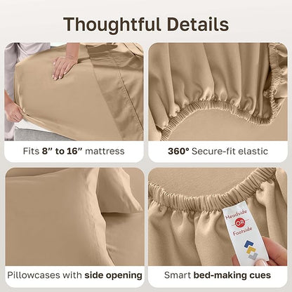 California Design Den King Size Sheets Set 600 Thread Count, 100% Cotton Sateen, Soft, Cooling King Size Bed Sheets, Hotel-Quality Bedding Sheets & Pillowcases (Golden Tan)
