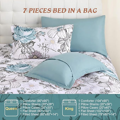 Luxudecor King Comforter Set 7 Pieces Bedding Sets,Teal Blue Floral Comforter and Sheet Set,Soft Microfiber Bed in a Bag for All Seasons (Teal Blue,104"x90")
