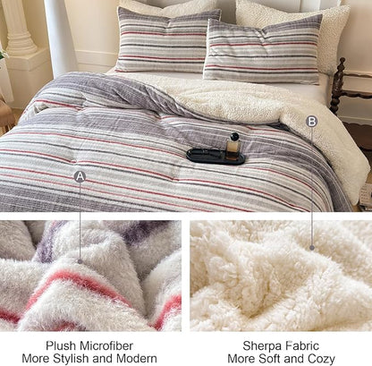 Cyusri Striped Sherpa Comforter Set 3Pcs Fluffy Warm Fleece Down Alternative, Grey Red Bedding Set with 2 Pillowcases, Queen Size 90"x90"
